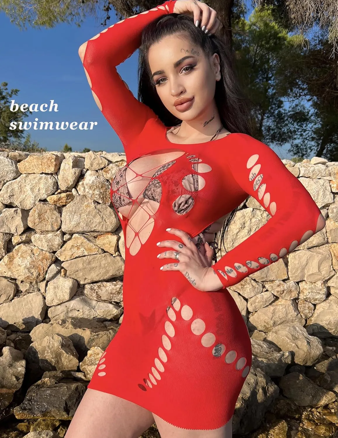Avidlove Fishnet Lingerie for Women Sexy Long Sleeve Mesh Badydoll Chemise Lingeries Dress Hollow Out Outfits