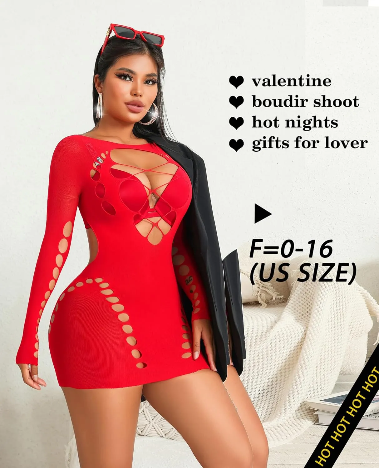Avidlove Fishnet Lingerie for Women Sexy Long Sleeve Mesh Badydoll Chemise Lingeries Dress Hollow Out Outfits