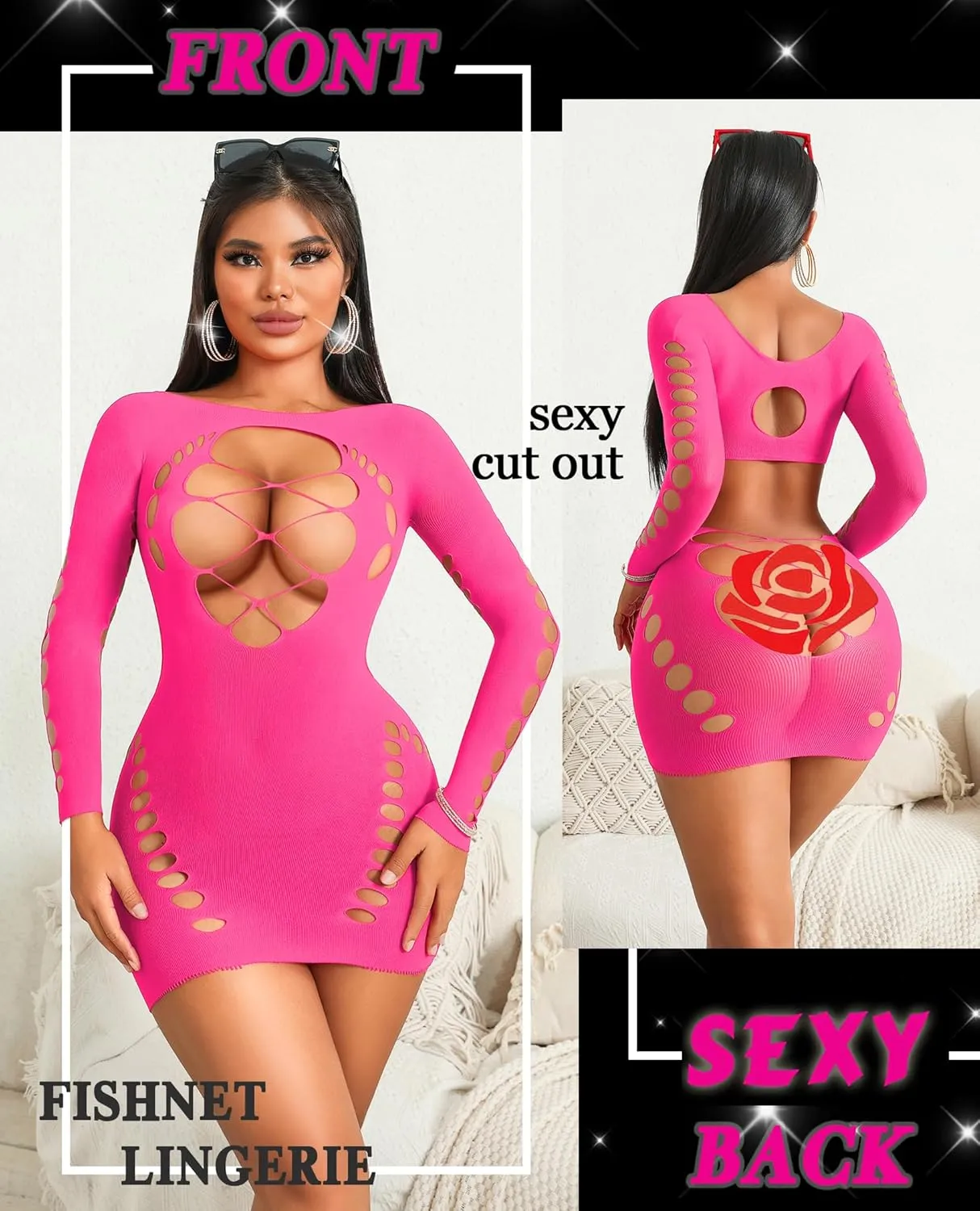 Avidlove Fishnet Lingerie for Women Sexy Long Sleeve Mesh Badydoll Chemise Lingeries Dress Hollow Out Outfits