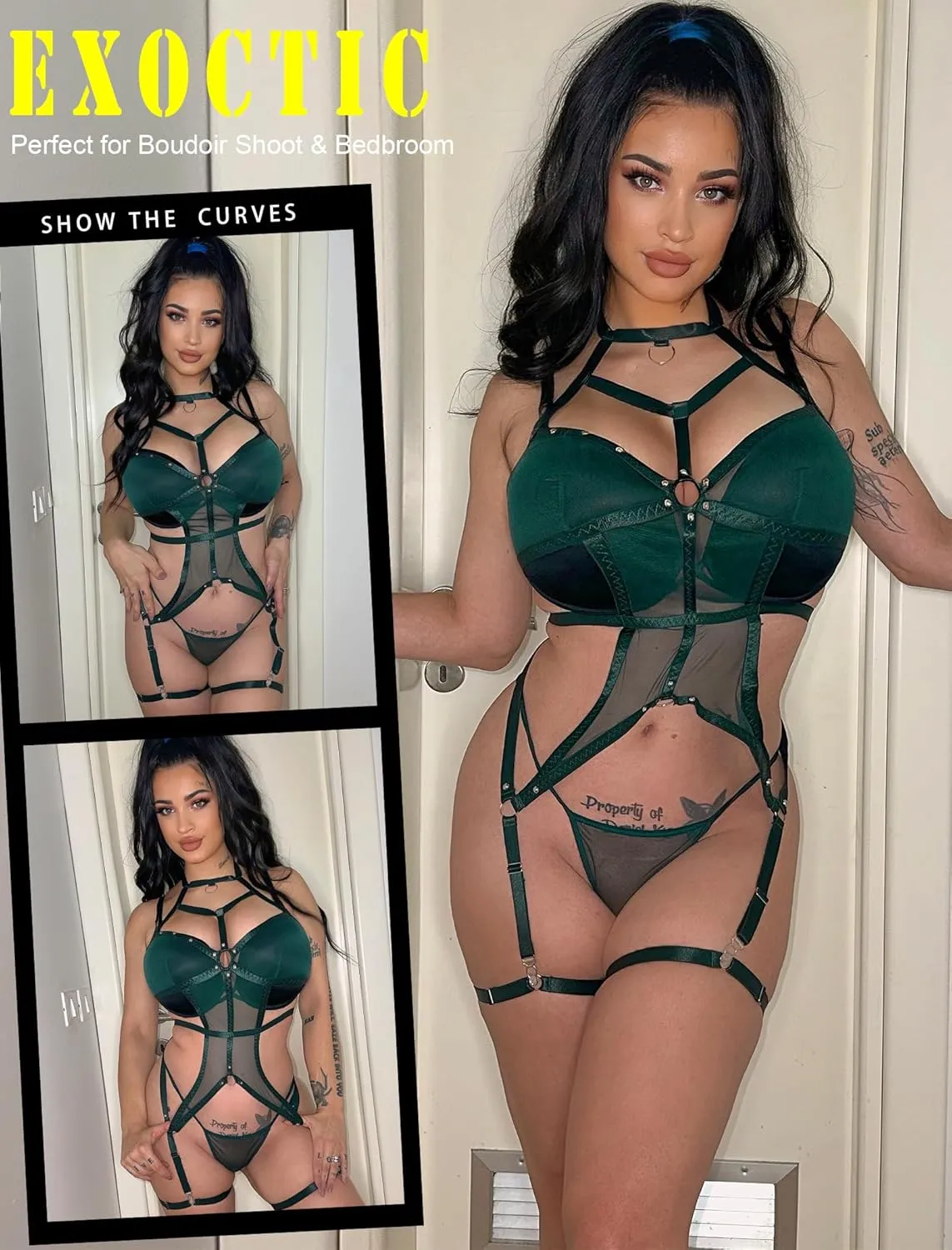 Avidlove Lingerie Set for Women Mesh Cut Out Bodysuit Sexy Ring Linked Teddy Lingerie with Garter Belt