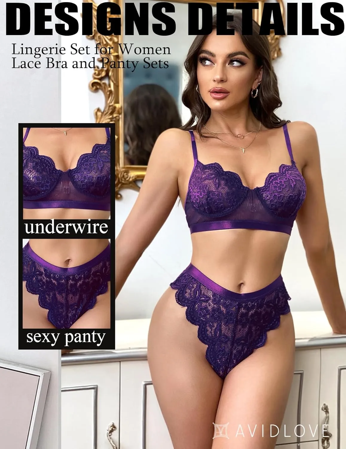 Avidlove Women Lingerie Sexy Sets with Underwire Lace Bra and Panty Set Push Up Two Piece Lingerie