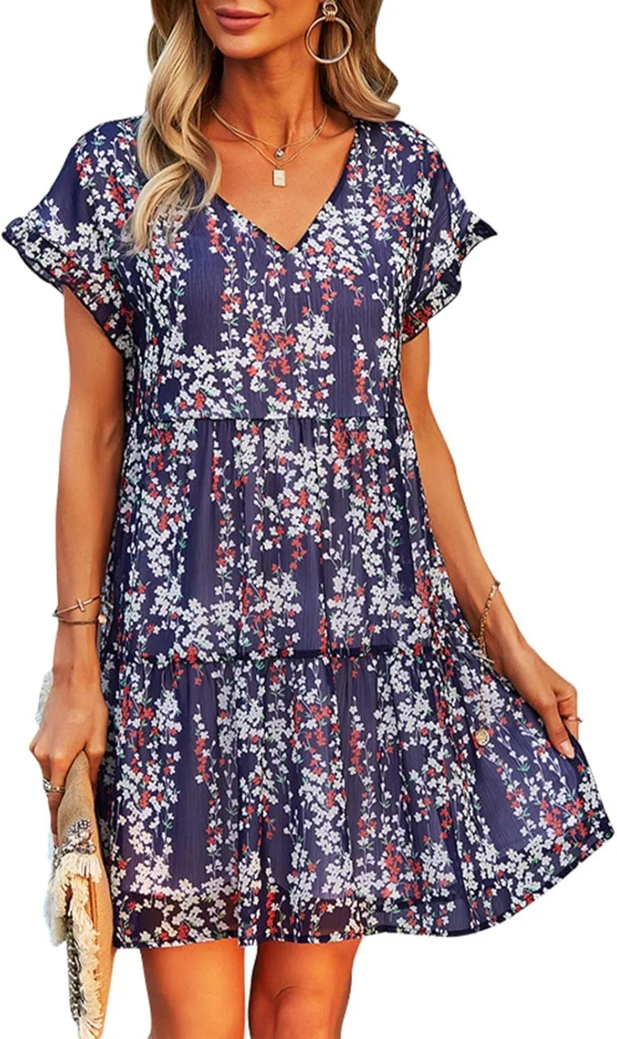 Boho Beach Dresses for Women Cute Floral V Neck Ruffle Sleeve Tiered Mini Dress Gift Boho Swimsuit Coverup for Women