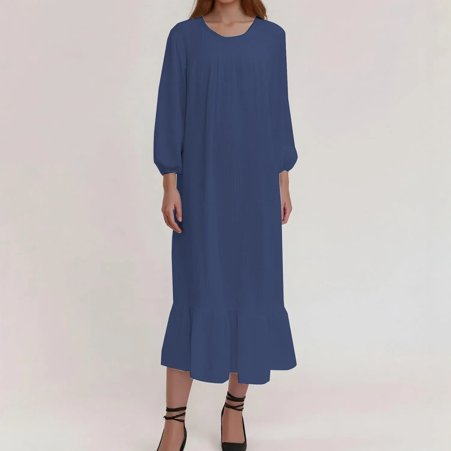 Boho Dresses for Women 2025 Classic Flowy Puff Long Sleeve Crew Neck Pleated Ruffle Hem Tshirt Dress Prom Travel Sundresses