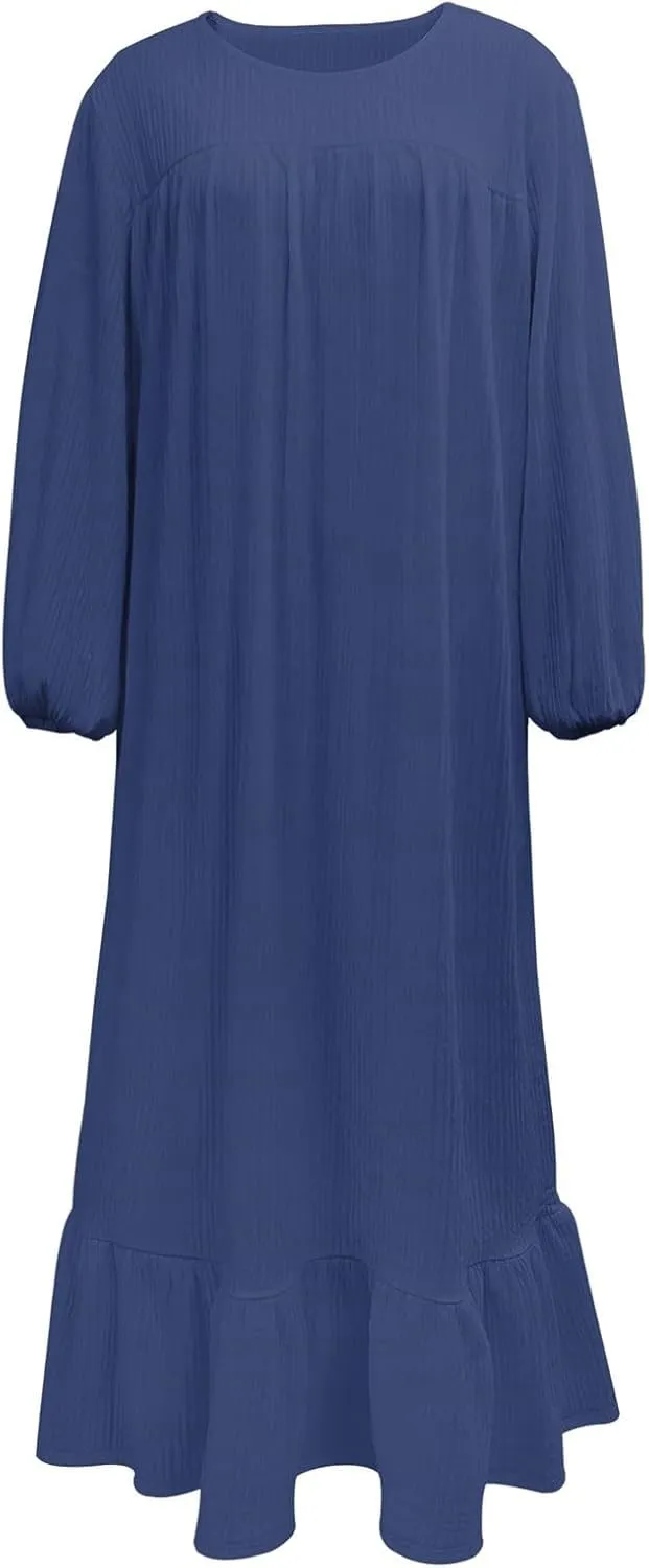 Boho Dresses for Women 2025 Classic Flowy Puff Long Sleeve Crew Neck Pleated Ruffle Hem Tshirt Dress Prom Travel Sundresses