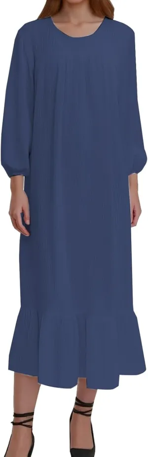 Boho Dresses for Women 2025 Classic Flowy Puff Long Sleeve Crew Neck Pleated Ruffle Hem Tshirt Dress Prom Travel Sundresses