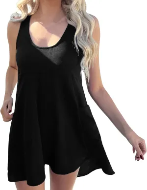 Boho Mini Dress for Women Sleeveless Round Neck Backless Tank Dress Swing Flowy Beach Vacation Sundress with Pockets