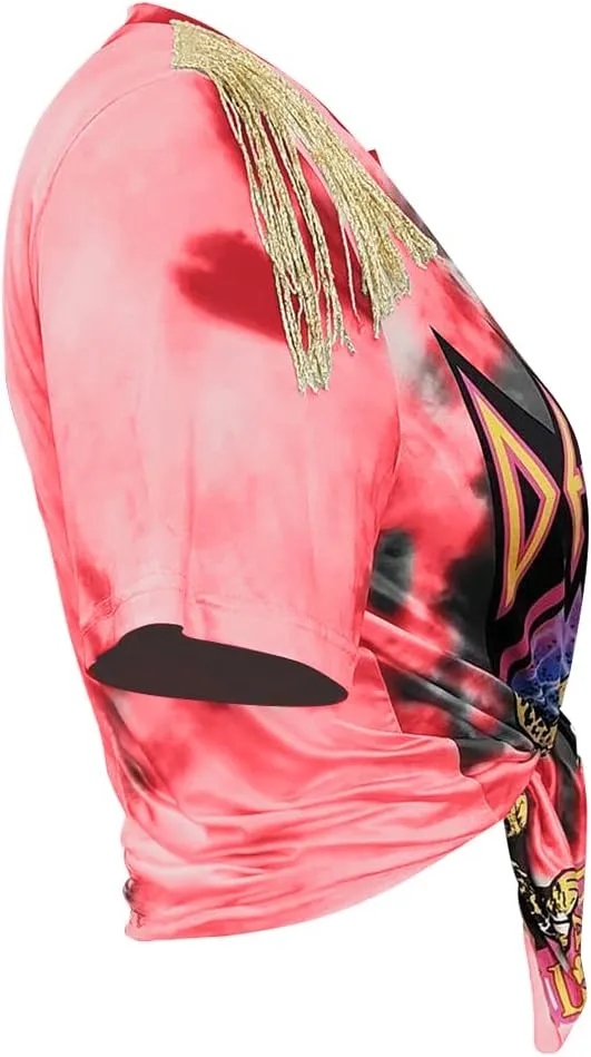 Bornpom Women Sexy Graphic Tees Low Cut V Neck Tops Fringe Short Sleeve Shirts Knot Front Tops