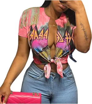 Bornpom Women Sexy Graphic Tees Low Cut V Neck Tops Fringe Short Sleeve Shirts Knot Front Tops