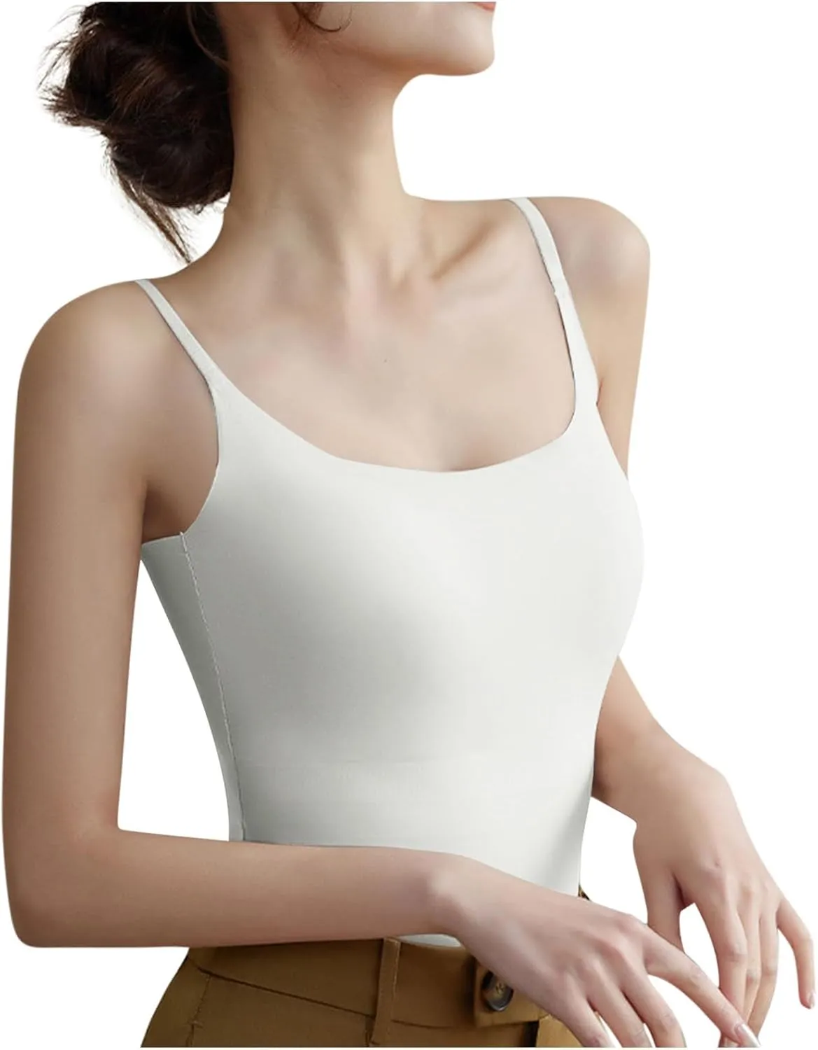 Built in Bra Cami Tops for Women Scoop Neck Seamless Compression Tank Tops Undershirts Spaghetti Strap Ladies Camisole