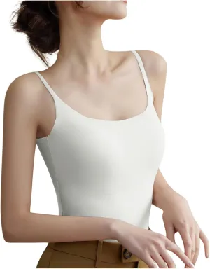 Built in Bra Cami Tops for Women Scoop Neck Seamless Compression Tank Tops Undershirts Spaghetti Strap Ladies Camisole