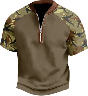 Camo Zipper Henley T Shirt for Men Short Sleeve Summer Activewear Top Breathable Loose Fit Gym Training Military Tactical Tee