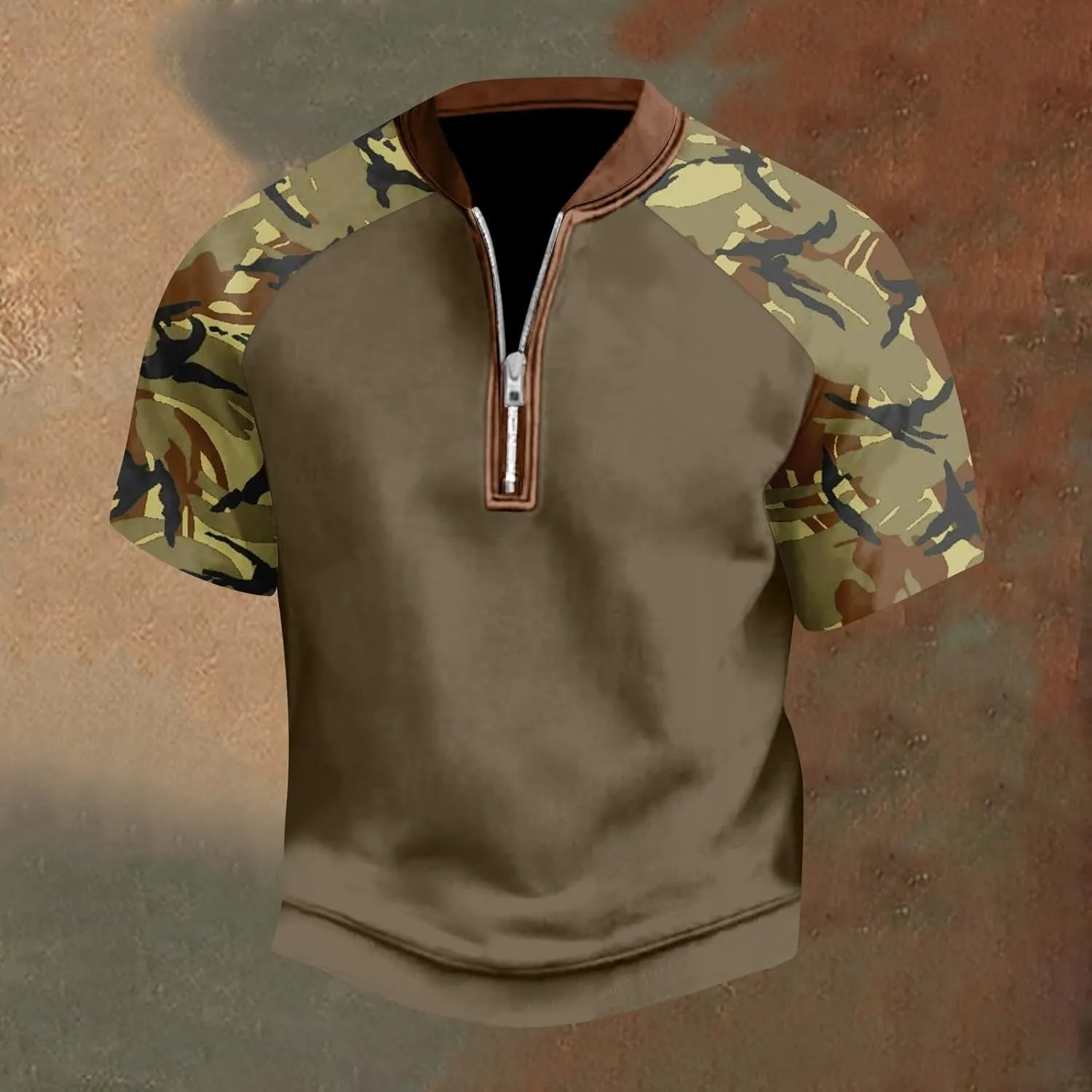 Camo Zipper Henley T Shirt for Men Short Sleeve Summer Activewear Top Breathable Loose Fit Gym Training Military Tactical Tee