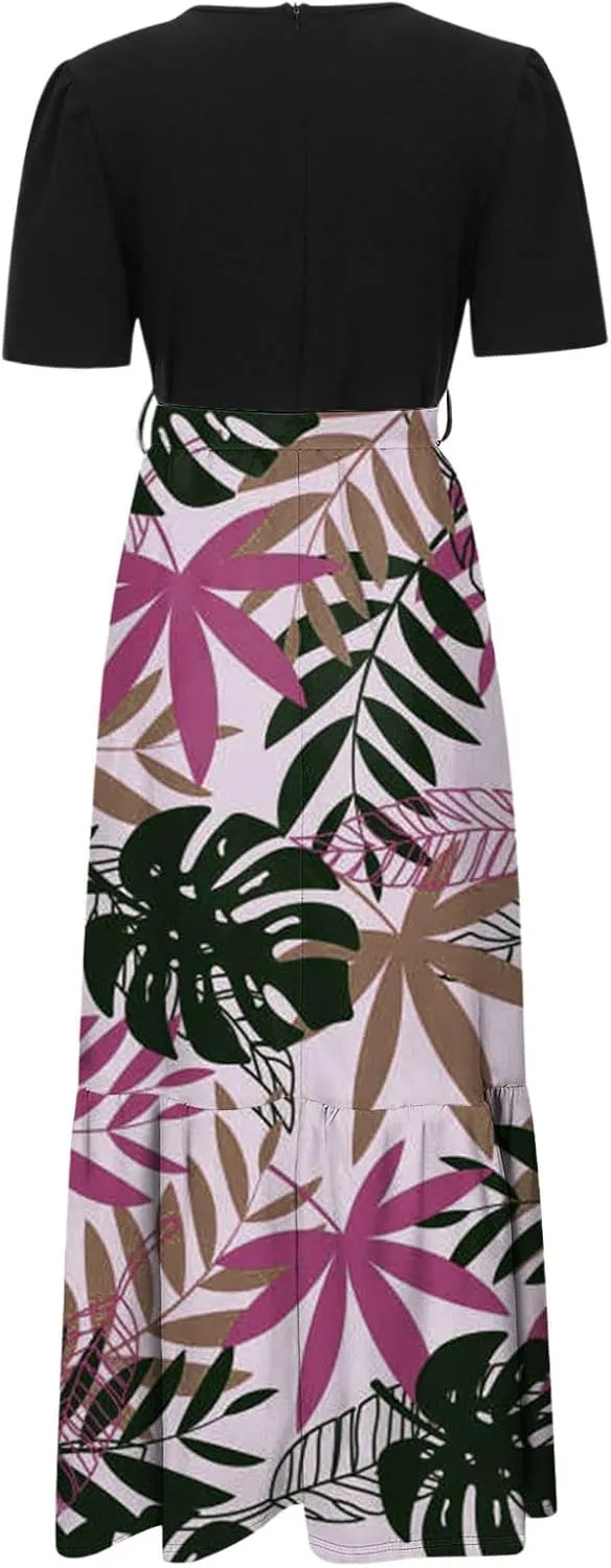 Casual Maxi Dresses for Women 2025 Tie Belted Patchwork Ruffle Hem A Line Boho Dress Short Sleeve Flowy Long Dress