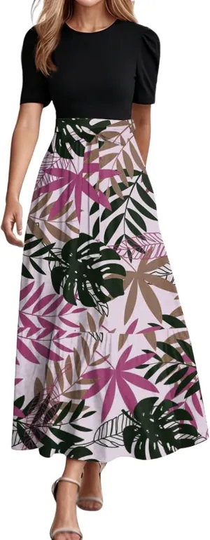 Casual Maxi Dresses for Women 2025 Tie Belted Patchwork Ruffle Hem A Line Boho Dress Short Sleeve Flowy Long Dress