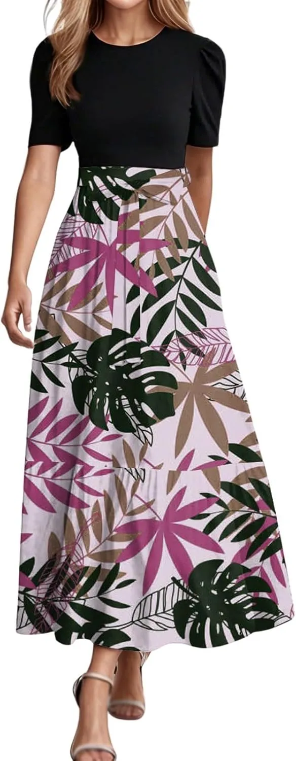 Casual Maxi Dresses for Women 2025 Tie Belted Patchwork Ruffle Hem A Line Boho Dress Short Sleeve Flowy Long Dress