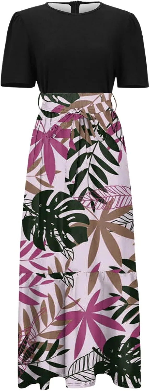 Casual Maxi Dresses for Women 2025 Tie Belted Patchwork Ruffle Hem A Line Boho Dress Short Sleeve Flowy Long Dress