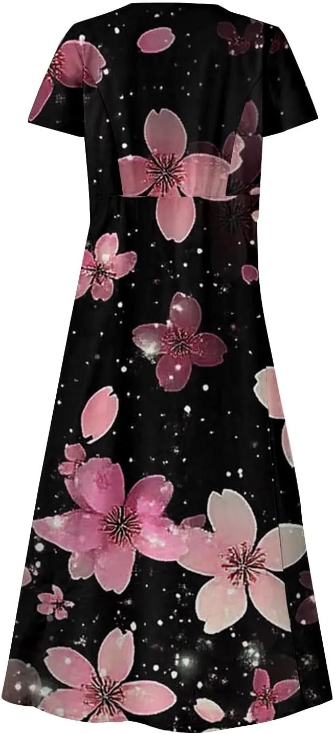 Casual Summer Boho Dress Sleeveless V Neck Flowy Tiered Ruffle Beach Maxi Sundress with Pockets Elastic Waist
