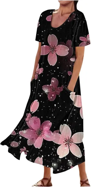 Casual Summer Boho Dress Sleeveless V Neck Flowy Tiered Ruffle Beach Maxi Sundress with Pockets Elastic Waist