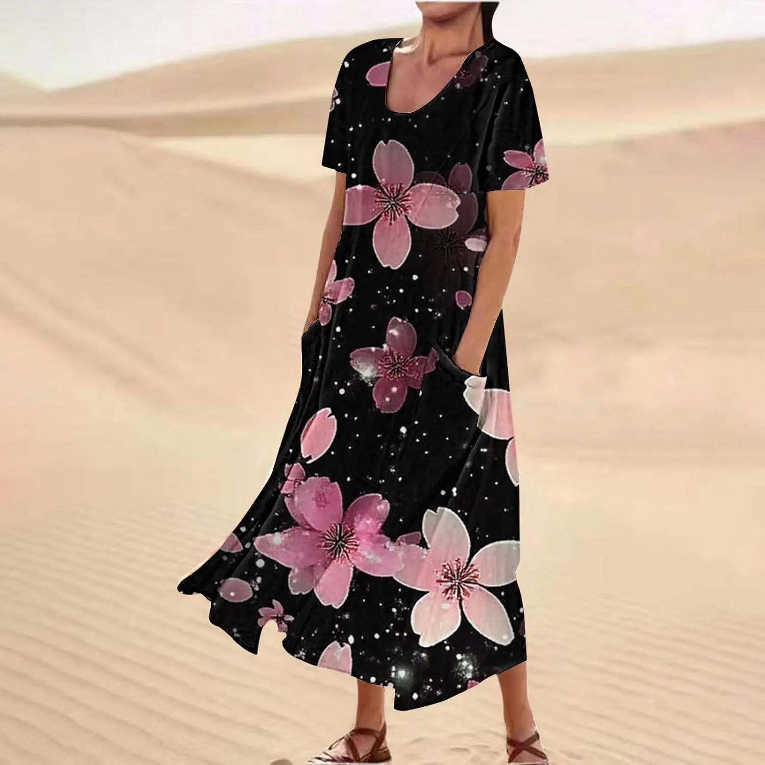 Casual Summer Boho Dress Sleeveless V Neck Flowy Tiered Ruffle Beach Maxi Sundress with Pockets Elastic Waist