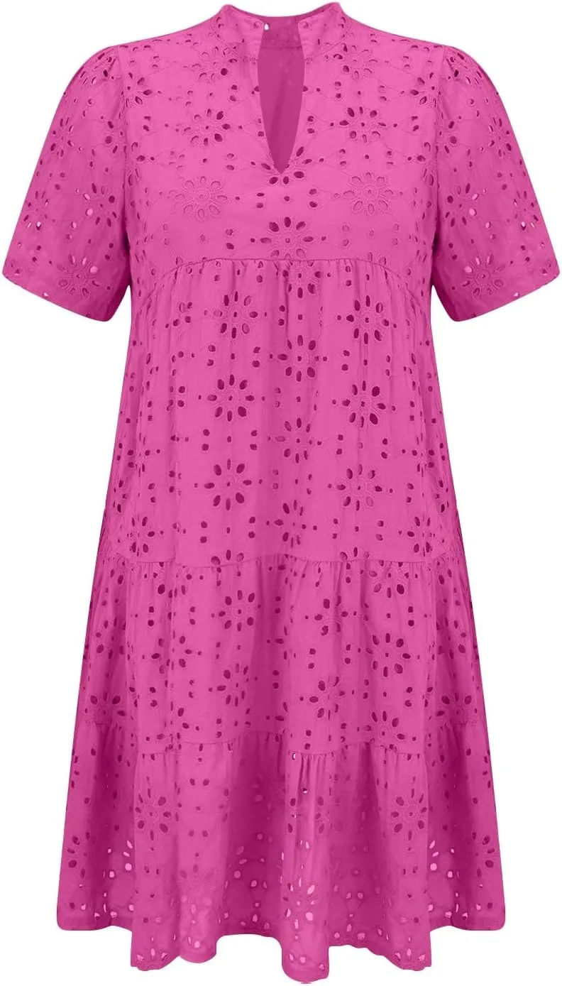 Casual Summer Dresses for Women 2025,Women's Boho Summer Dress Cotton Resort V Neck Short Sleeve Hollow Out Beach Dress