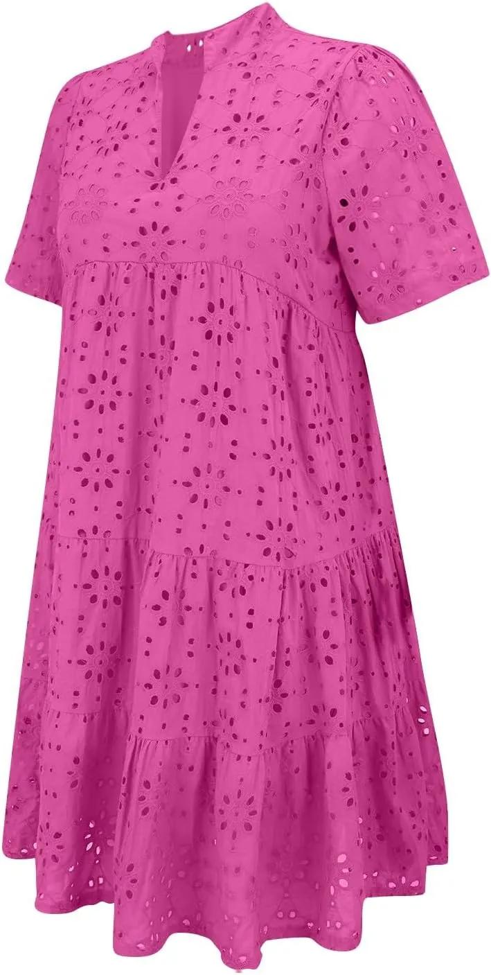 Casual Summer Dresses for Women 2025,Women's Boho Summer Dress Cotton Resort V Neck Short Sleeve Hollow Out Beach Dress