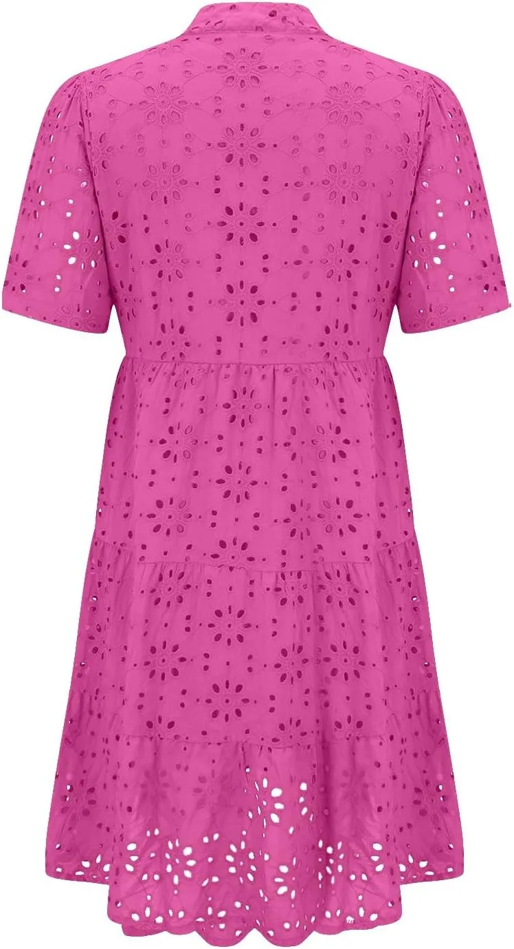 Casual Summer Dresses for Women 2025,Women's Boho Summer Dress Cotton Resort V Neck Short Sleeve Hollow Out Beach Dress