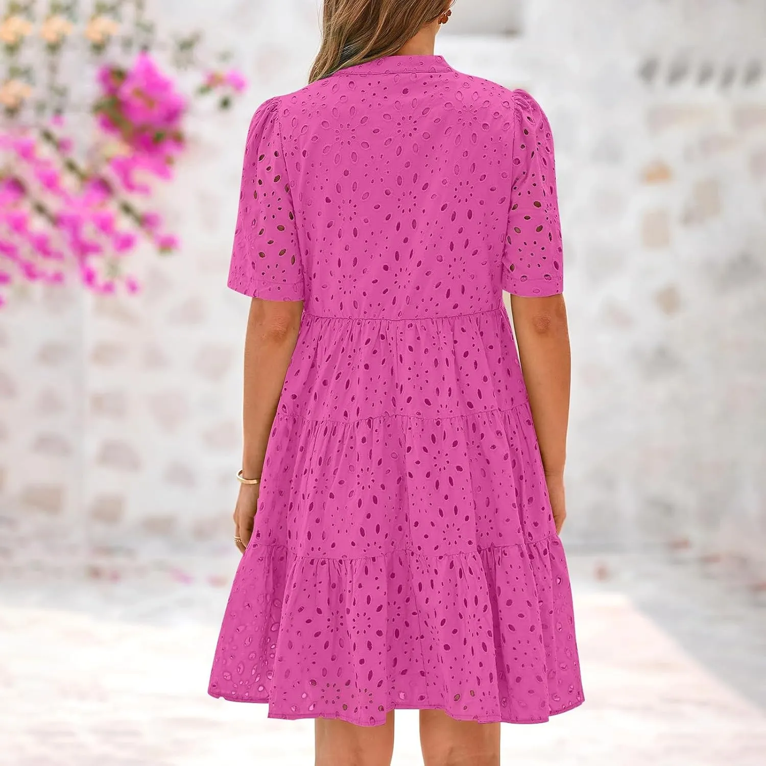 Casual Summer Dresses for Women 2025,Women's Boho Summer Dress Cotton Resort V Neck Short Sleeve Hollow Out Beach Dress