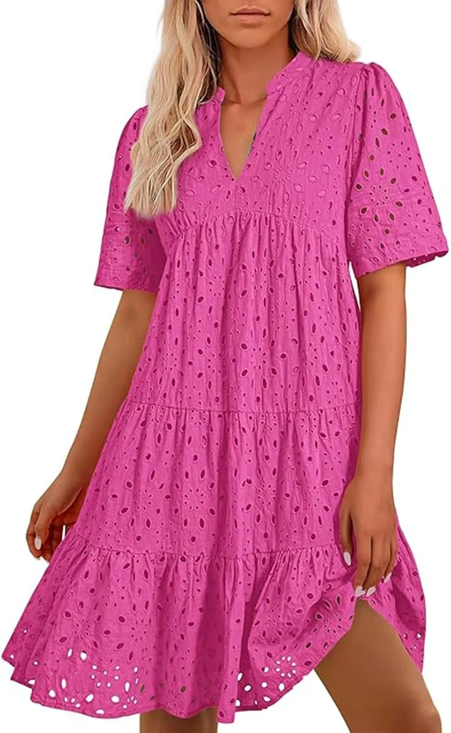 Casual Summer Dresses for Women 2025,Women's Boho Summer Dress Cotton Resort V Neck Short Sleeve Hollow Out Beach Dress