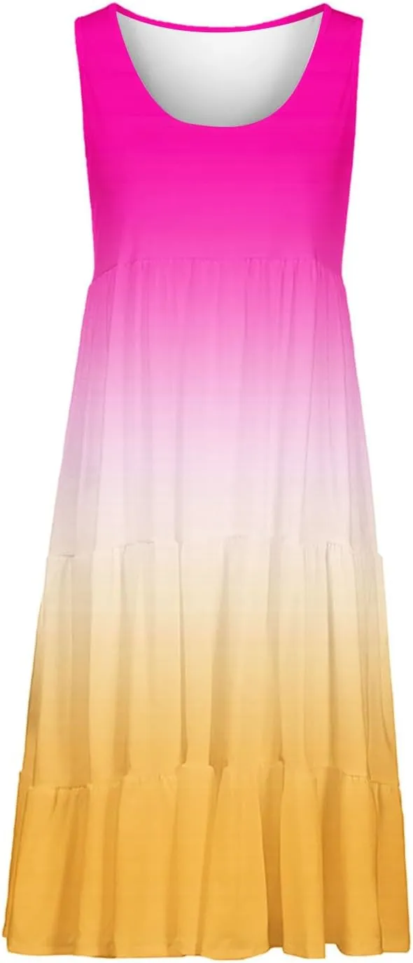 Casual Summer Dresses for Women Loose Sleeveless Crew Neck Gradient Color Dress Fashion Pleated Beach Sundress