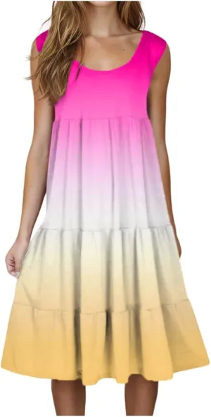 Casual Summer Dresses for Women Loose Sleeveless Crew Neck Gradient Color Dress Fashion Pleated Beach Sundress