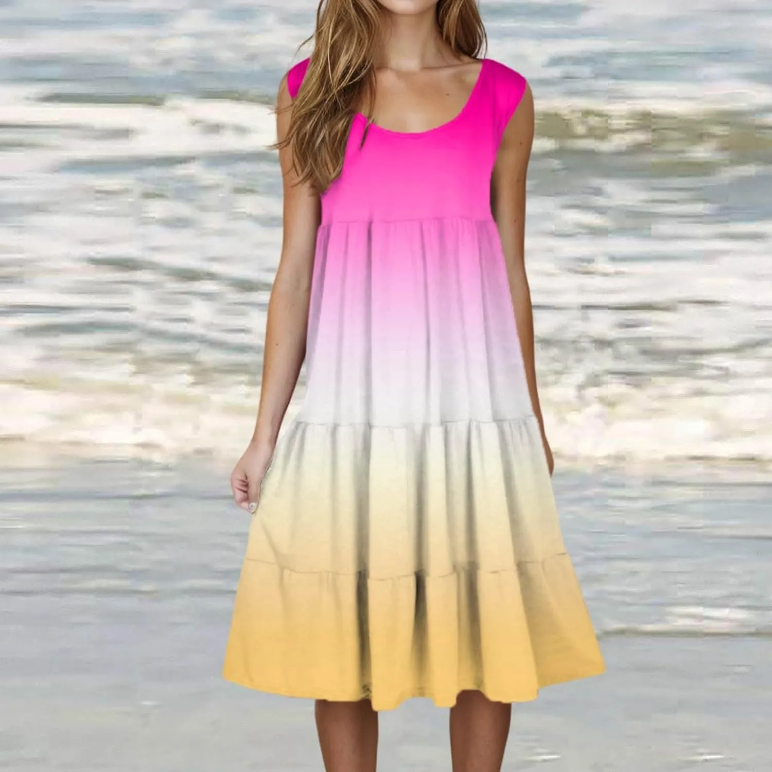 Casual Summer Dresses for Women Loose Sleeveless Crew Neck Gradient Color Dress Fashion Pleated Beach Sundress
