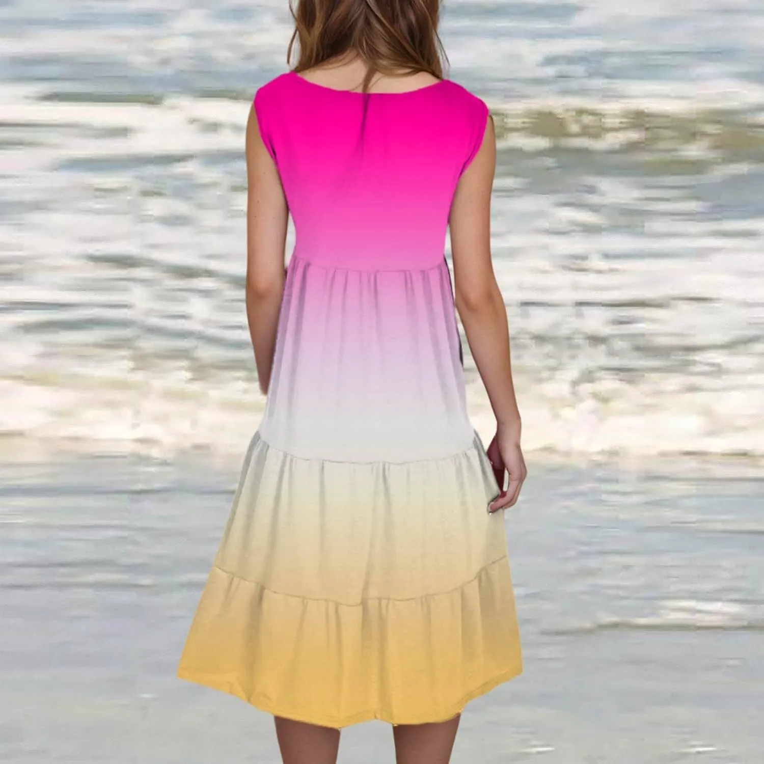 Casual Summer Dresses for Women Loose Sleeveless Crew Neck Gradient Color Dress Fashion Pleated Beach Sundress
