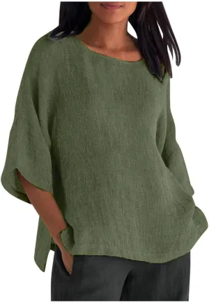 Cbcbtwo Linen Shirts for Women Solid Basic 3/4 Sleeve Tops Summer Casual Crew Neck Pullover Blouse Loose Fit Tunic Tshirt