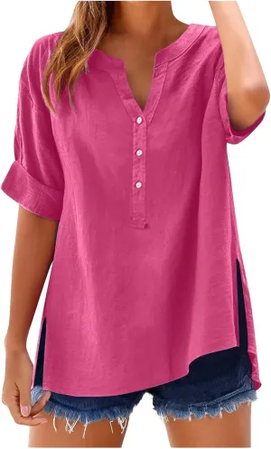 Cbcbtwo Womens Short Sleeve Linen Henley Tops 2025 V Neck Dressy Casual Loose Fit Shirts Summer Going Out Flowy Blouses
