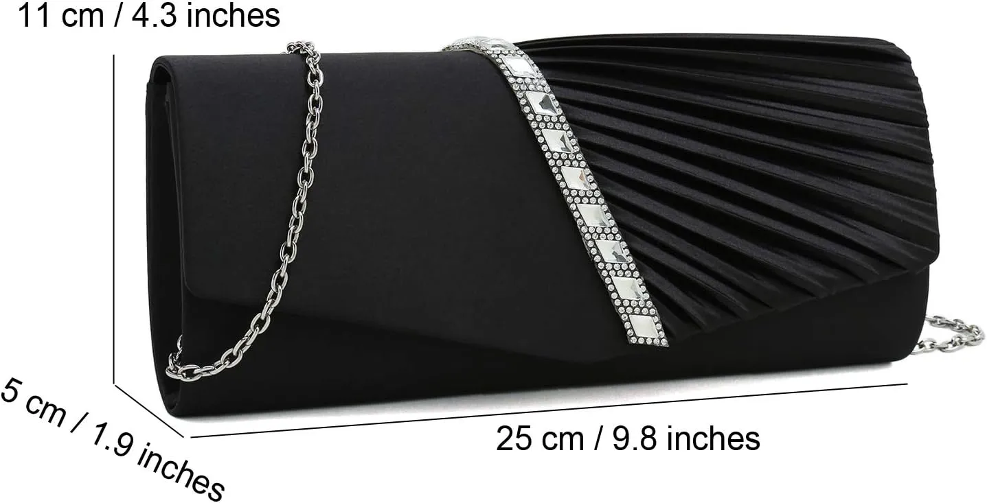 CHARMING TAILOR Evening Handbag Crystal Embellished and Pleated Satin Clutch