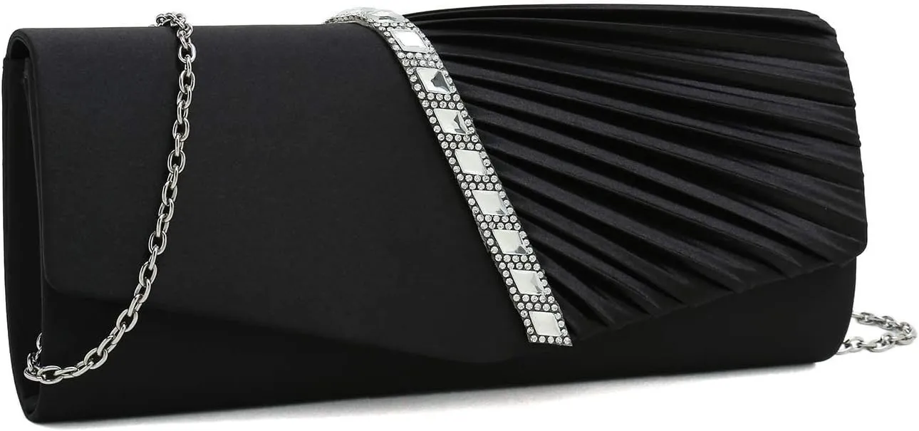 CHARMING TAILOR Evening Handbag Crystal Embellished and Pleated Satin Clutch