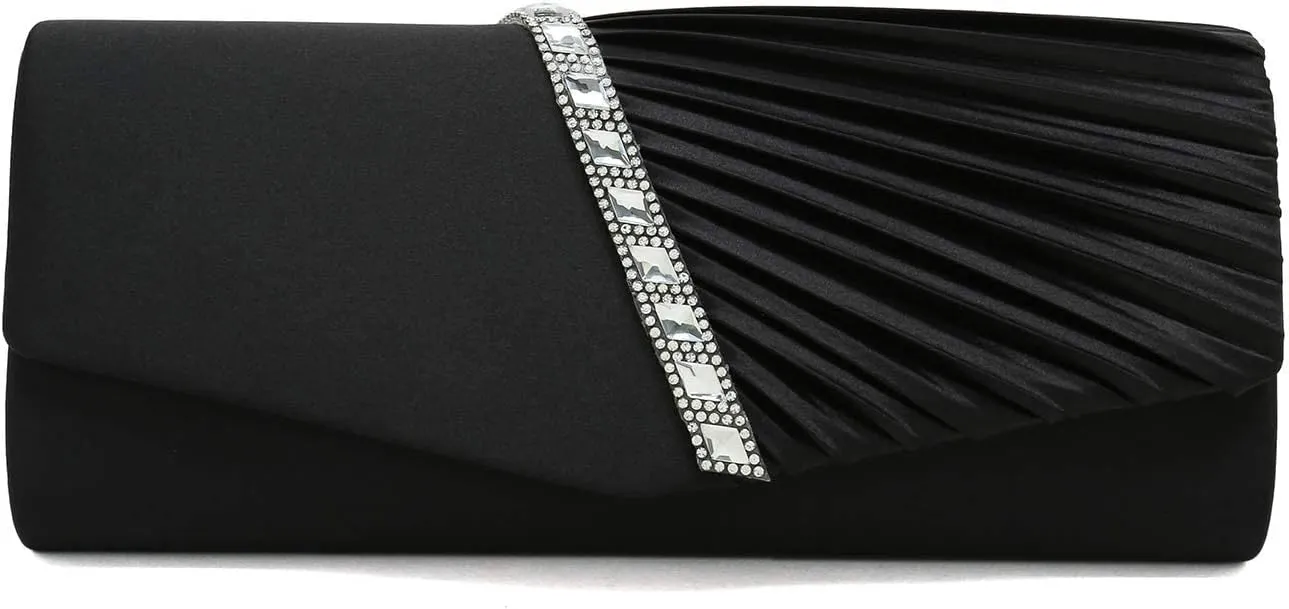 CHARMING TAILOR Evening Handbag Crystal Embellished and Pleated Satin Clutch