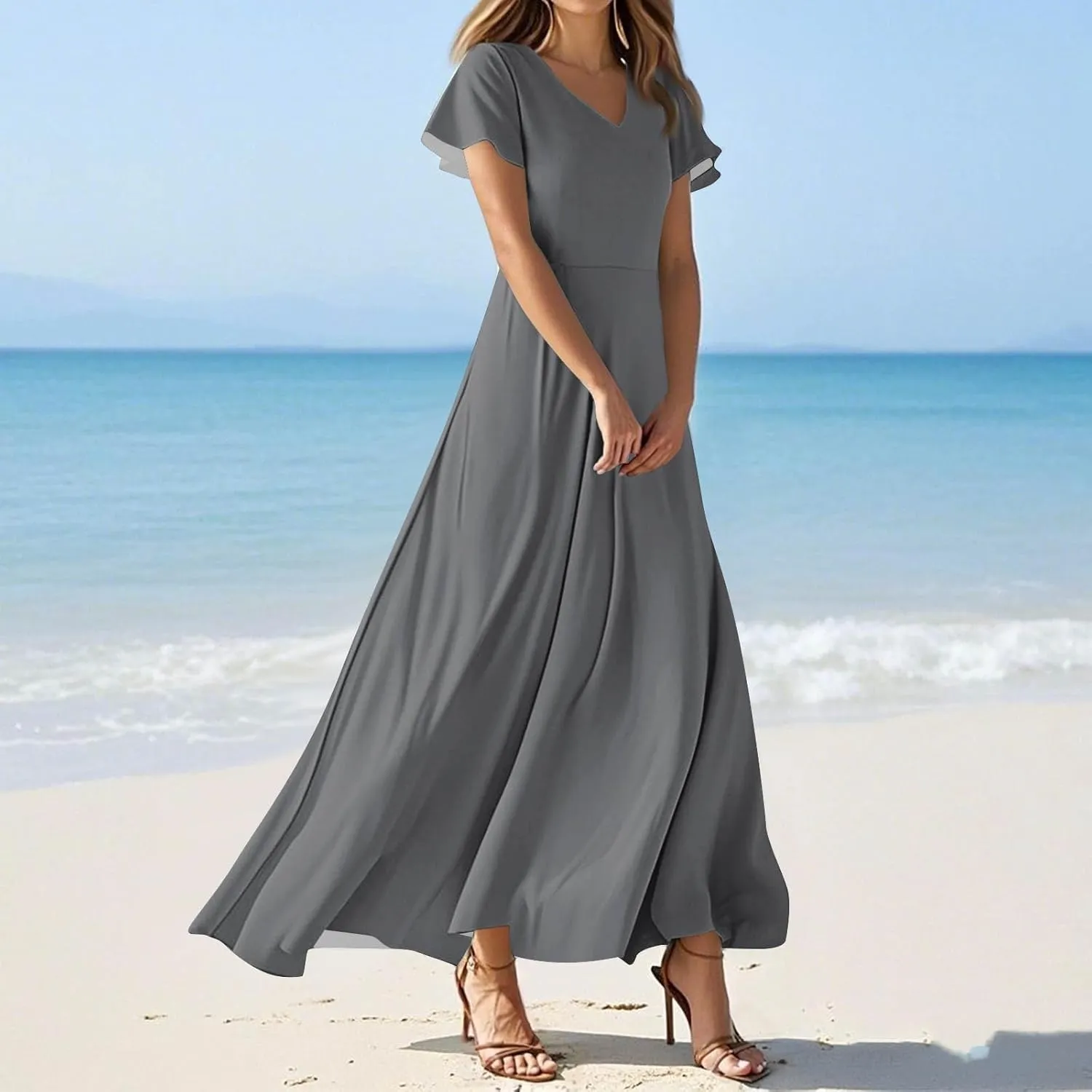 Chiffon Dresses for Women Swing Flowy Ruffle Hem Swing Womens Dresses Holiday Dress Summer Beach Casual Dresses