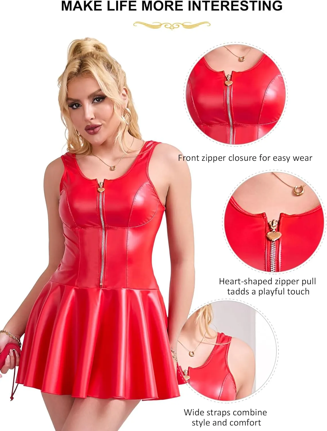 comeondear Plus Size Lingerie Sets for Women Sexy PU Leather Babydoll Dress with Zipper Sleeveless Chemise Clubwear