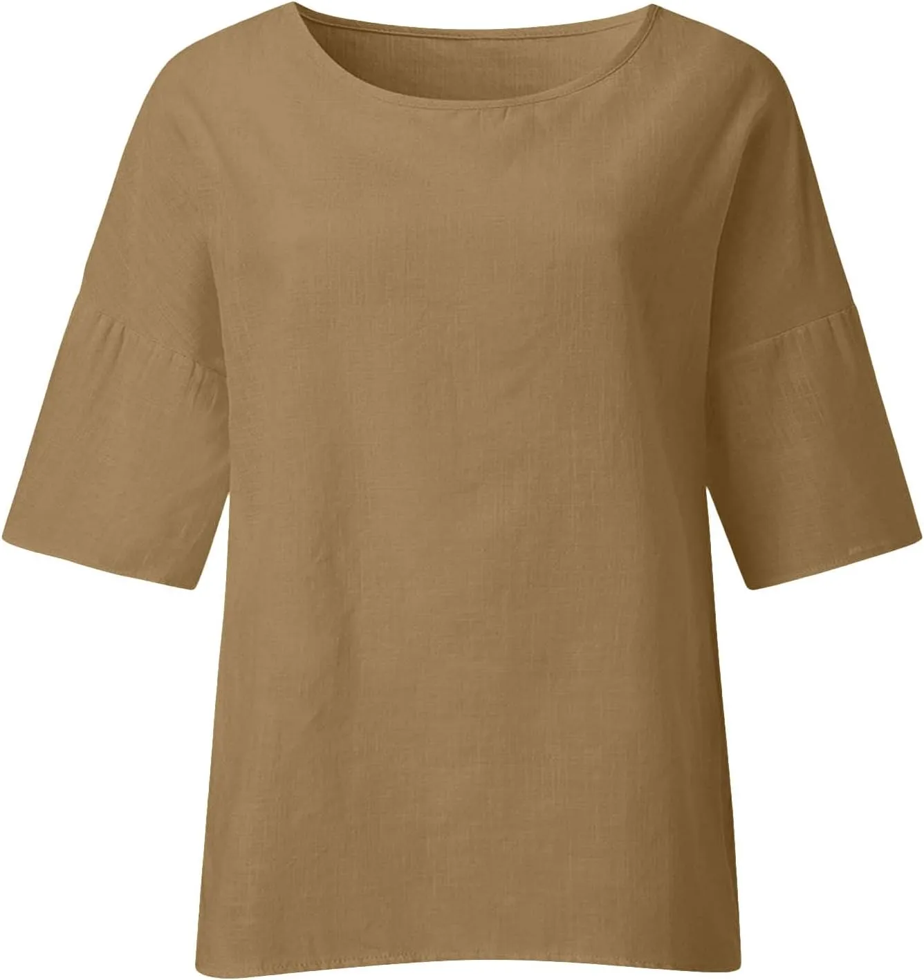 Cotton Linen 3/4 Length Sleeve Womens Tops Summer Casual Crewneck Loose Fit Shirts Workout Bohemian Blouse Comfy Tees