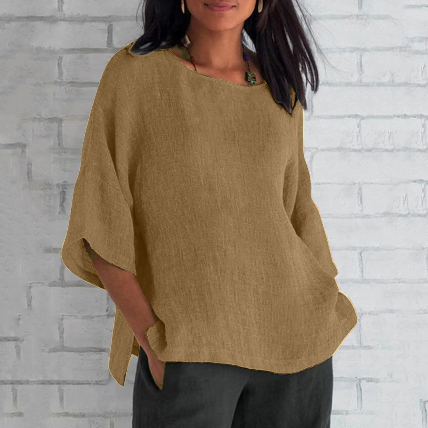Cotton Linen 3/4 Length Sleeve Womens Tops Summer Casual Crewneck Loose Fit Shirts Workout Bohemian Blouse Comfy Tees