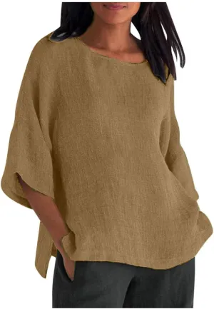 Cotton Linen 3/4 Length Sleeve Womens Tops Summer Casual Crewneck Loose Fit Shirts Workout Bohemian Blouse Comfy Tees