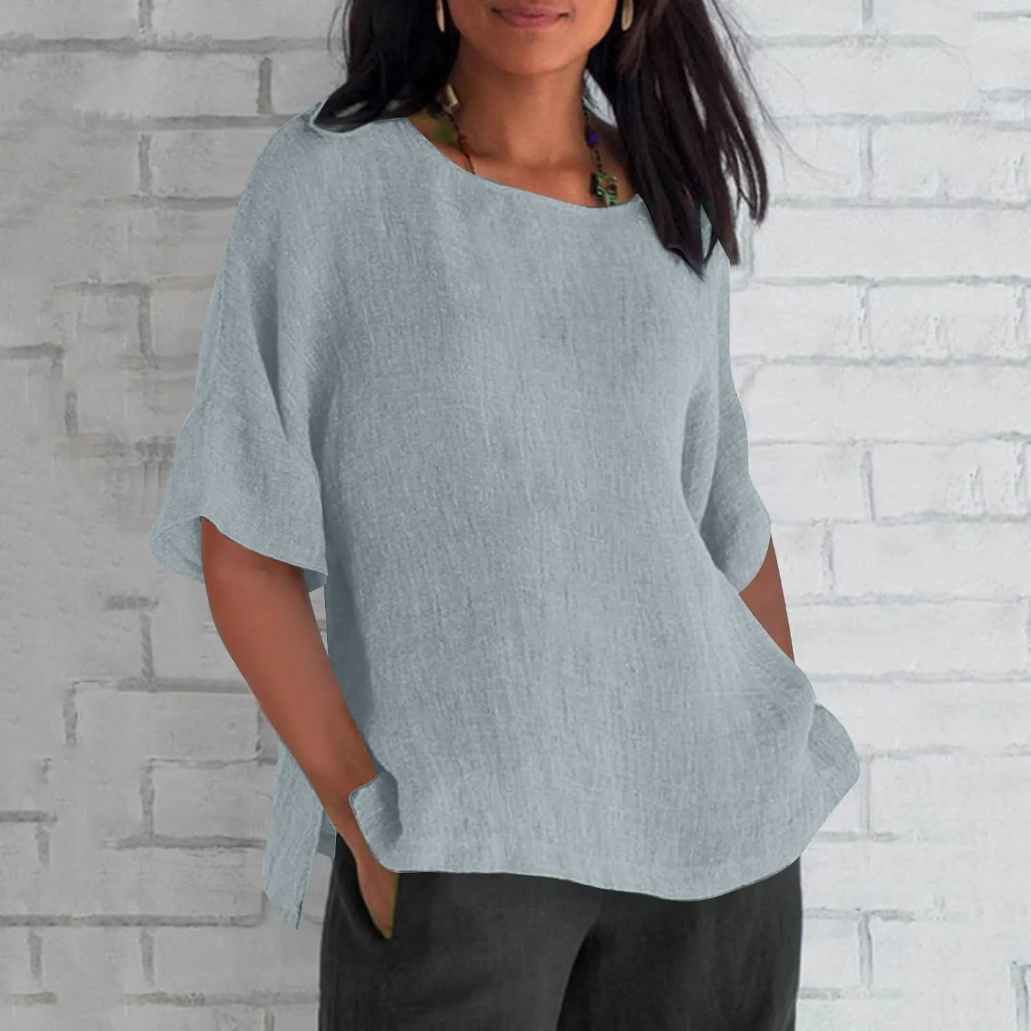 Cotton Linen Shirt for Women 2025 Vacation Summer Loose Fit Casual 3/4 Sleeve Tops Tshirt Cotton Blouse Basic Tees
