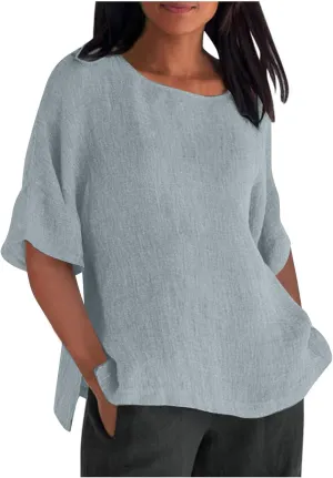 Cotton Linen Shirt for Women 2025 Vacation Summer Loose Fit Casual 3/4 Sleeve Tops Tshirt Cotton Blouse Basic Tees