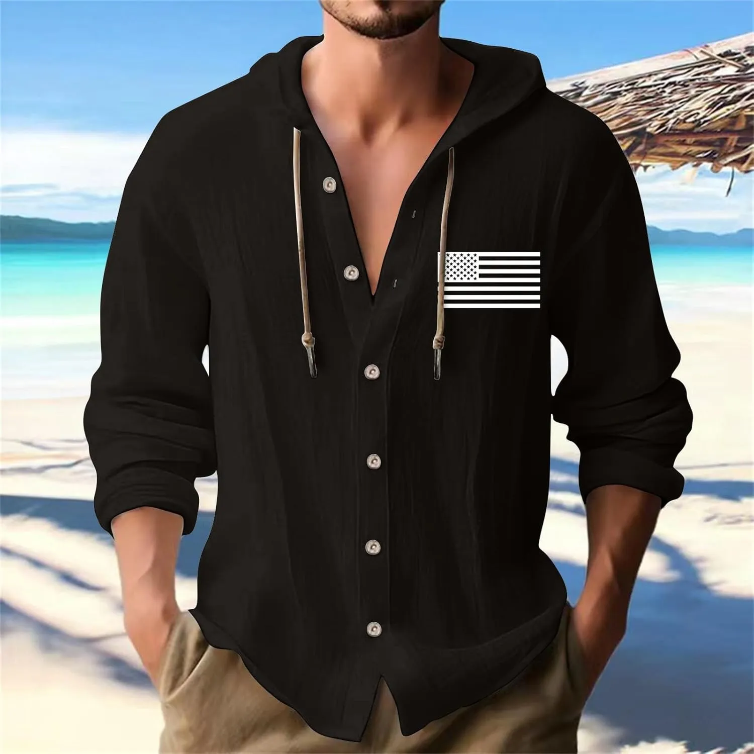 Cotton Linen Shirts for Men Stylish American Flag Print Hoodies Button Down Long Sleeve Lace Up Sweatshirts with Hood