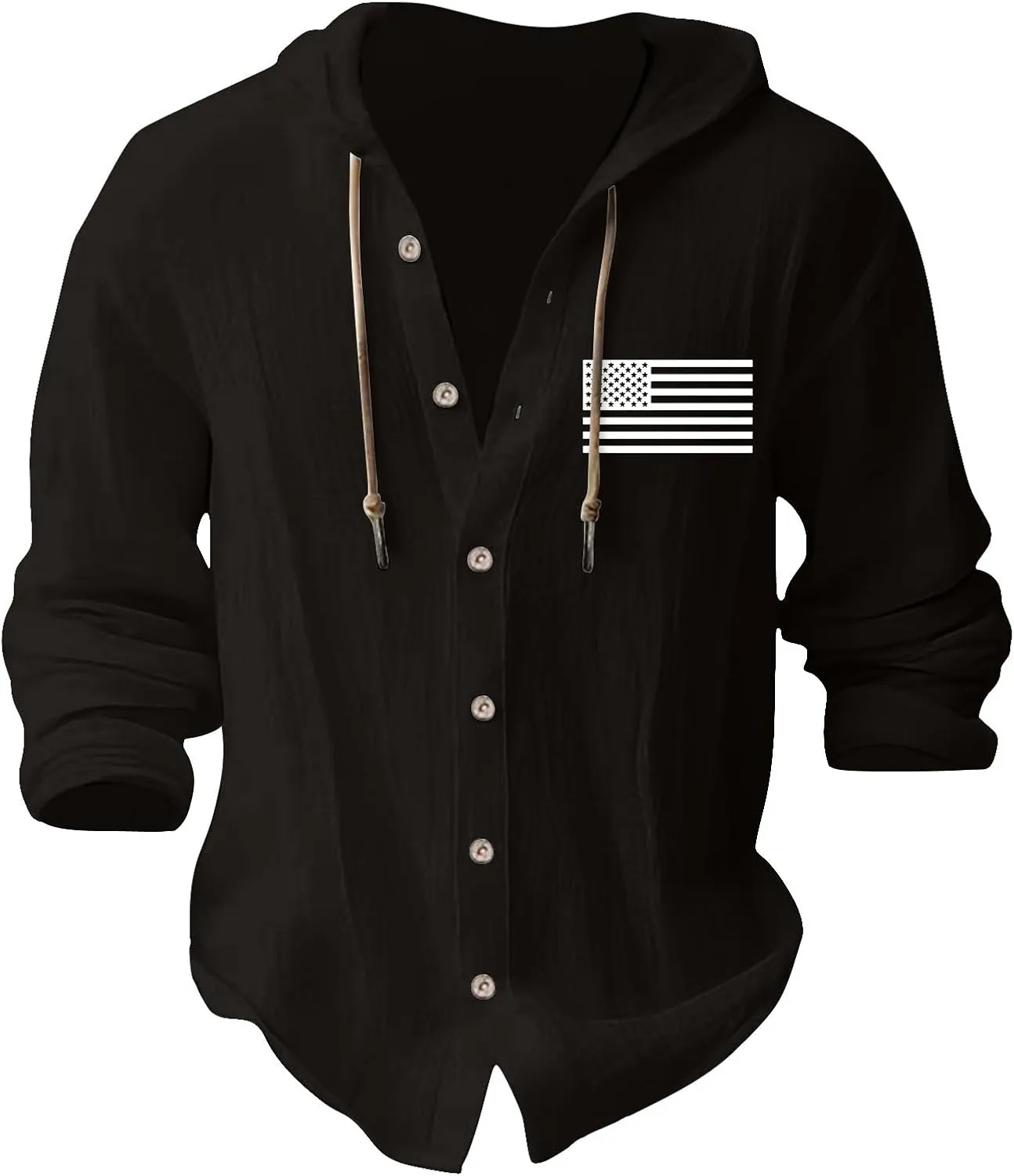 Cotton Linen Shirts for Men Stylish American Flag Print Hoodies Button Down Long Sleeve Lace Up Sweatshirts with Hood
