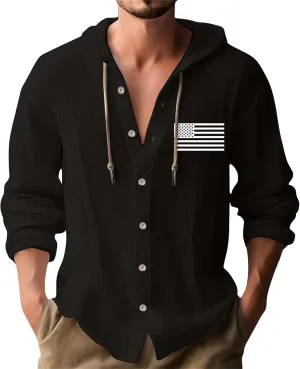 Cotton Linen Shirts for Men Stylish American Flag Print Hoodies Button Down Long Sleeve Lace Up Sweatshirts with Hood