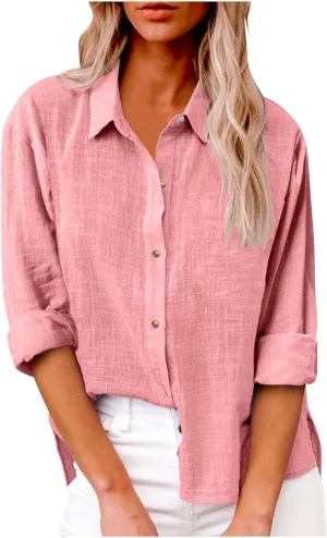 Cotton Linen Shirts for Women 2025 Spring Casual Long Sleeve Tops Button Down Lapel Blouses Summer Loose Work Tshirt