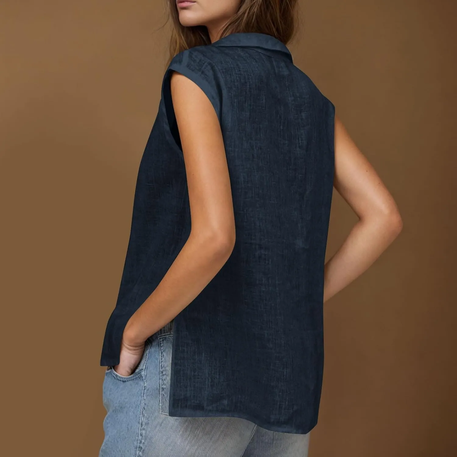 Cotton Linen Shirts for Women Sleeveless Collared Tank Tops Oversized Blouses Work Shirts V-Neck Casual Summer Tshirt