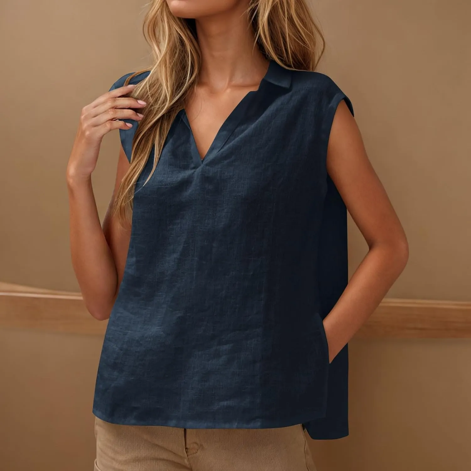 Cotton Linen Shirts for Women Sleeveless Collared Tank Tops Oversized Blouses Work Shirts V-Neck Casual Summer Tshirt